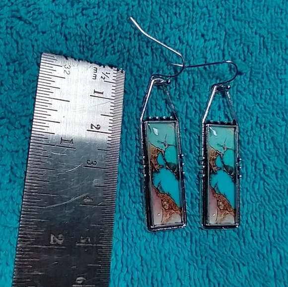 Turquoise Pink and Silver marble Wire Dangle Earrings - Picture 3 of 3